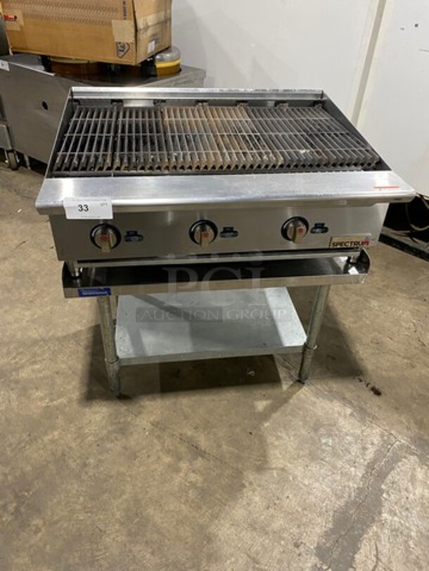 LATE MODEL! 2021 Spectrum Commercial Countertop Natural Gas Powered Char Broiler Grill! With Back And Side Splashes! On Small Legs! On Equipment Stand! With Storage Space Underneath! All Stainless Steel! On Legs! Model: NGCB36R SN: NGCB365040001116