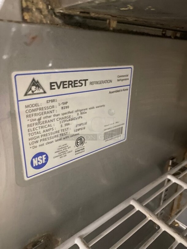 Everest Stainless Steel 1 Door Refrigerated Sandwich Prep Table On Casters! MODEL EPBR1 115V 1PH - Image 7 of 8
