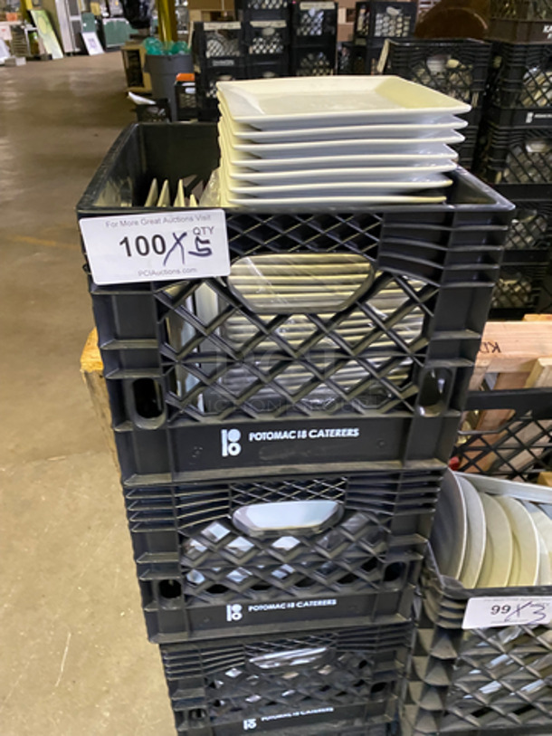 Crate And Barrel Square 8" White Ceramic Plates! Includes Black Poly Crate! 5x Your Bid! - Image 1 of 6