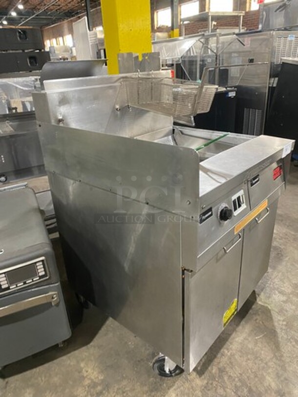 Frymaster Commercial Natural Gas Powered Deep Fat Fryer With Side Dumping Station! With Metal Frying Baskets! With Back Splash! All Stainless Steel! On Casters! Model: FM145ESC SN: 0204GH0013 - Image 2 of 12