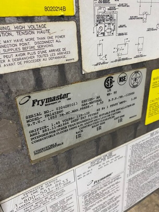 Frymaster Commercial Natural Gas Powered Deep Fat Fryer With Side Dumping Station! With Metal Frying Baskets! With Back Splash! All Stainless Steel! On Casters! Model: FM145ESC SN: 0204GH0013 - Image 10 of 12