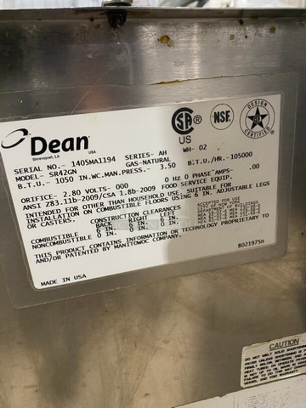 Dean Commercial Natural Gas Powered Deep Fat Fryer! With 2 Metal Frying Baskets! All Stainless Steel! On Legs! Model: SR42GN SN: 1405MA1194 - Image 7 of 8