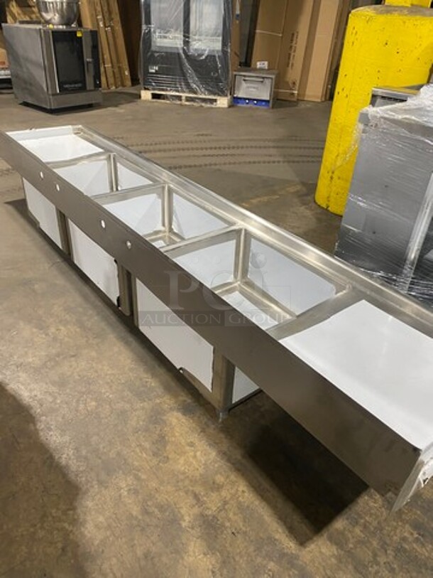 NEW! Elkay Commercial 3 Bay Dish Washing Sink! With Dual Side Drainboards! With Back Splash! All Stainless Steel! With Legs! - Image 2 of 9
