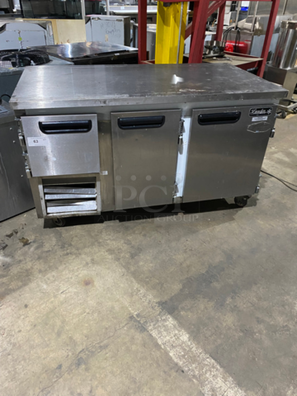 COOL! Leader Commercial 3 Door Lowboy/ Worktop Cooler! With Poly Coated Racks! All Stainless Steel! On Casters! Model: LB60SC SAN: GX02C1836 115V 60HZ 1 Phase