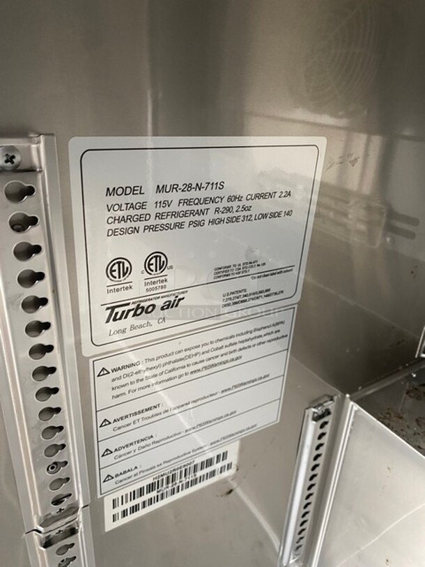 Turbo Air Commercial Single Door Lowboy/ Worktop Cooler! All Stainless Steel! Model: MUR28N711S SN:H2MU2R0E8007 115V  - Image 6 of 7