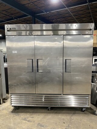 True 3 Door Stainless Steel Reach In Cooler! Model T72 Serial 13813799! 115V  1Phase! On Casters! 