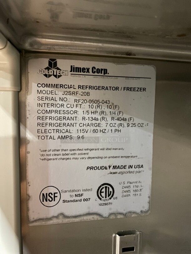 CoolTech Commercial Stainless Steel Reach In Half Cooler/Half Freezer Combo! On Casters! MODEL J2SRF-20B SN RF200505043 115V 1PH - Image 6 of 12