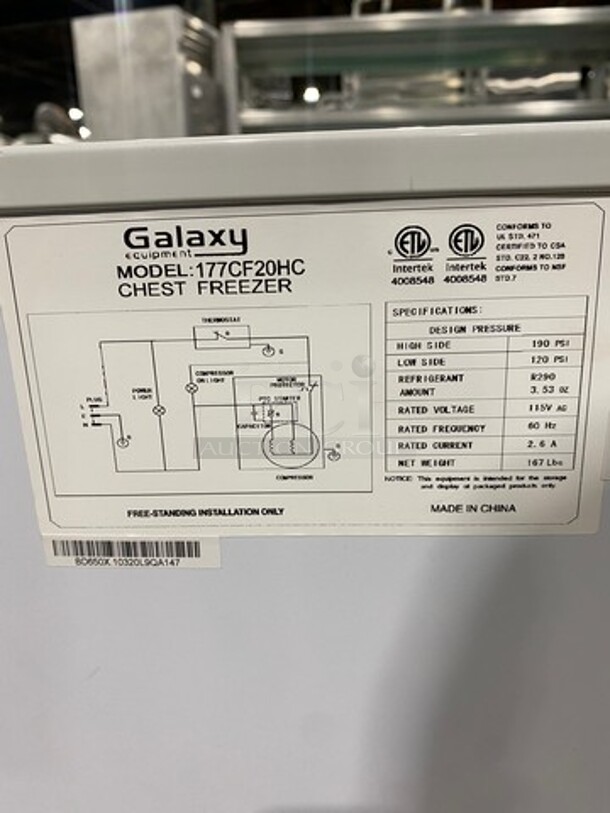 NEW! Galaxy Commercial Reach Down Chest Freezer! With Hinged Top Lid! Model: 177CF20HC SN: BD650X10320L9QA147 115V 60HZ 1 Phase - Image 8 of 10