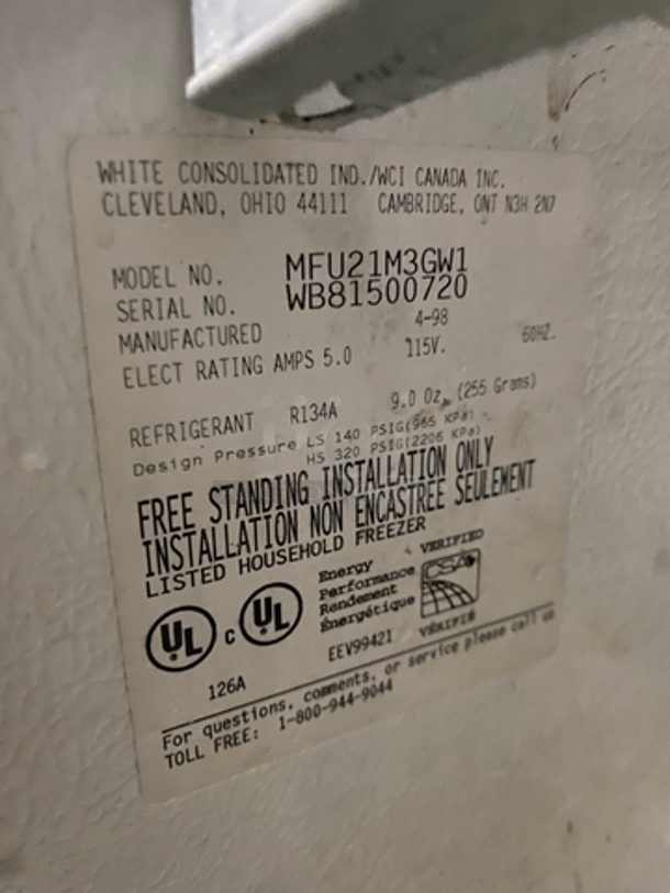 Frigidaire Single Door Freezer! With Racks And Shelves! Model: MFU21M3GW1 SN: WB81500720 115V 60HZ - Image 8 of 9