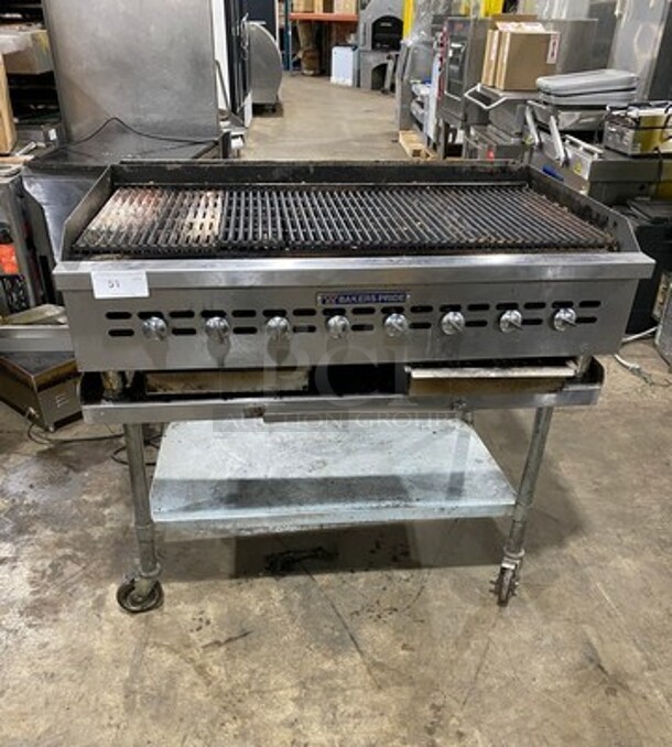 LATE MODEL! Bakers Pride Commercial Natural Gas Powered Char Broiler Grill! On Equipment Stand! With Storage Space Underneath! All Stainless Steel! On Casters! WORKING WHEN REMOVED! - Image 1 of 8
