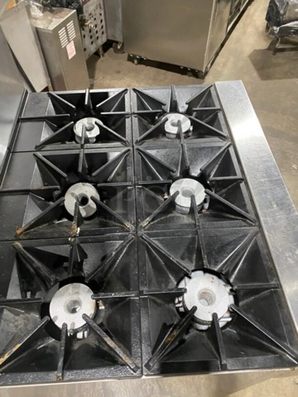 WOW! Southbend Commercial Natural Gas Powered 6 Burner Stove! With Raised Back Splash And Salamander Shelf! With Oven Underneath! All Stainless Steel! On Legs! Model: S36D SN: 14L05400 - Image 5 of 11