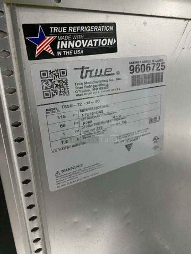 True Commercial Refrigerated Sandwich Prep Table! With 3 Door Storage Space Underneath! Poly Coated Racks! All Stainless Steel! On Casters! Model: TSSU7218HC SN: 9606725 115V 60HZ 1 Phase - Image 7 of 9