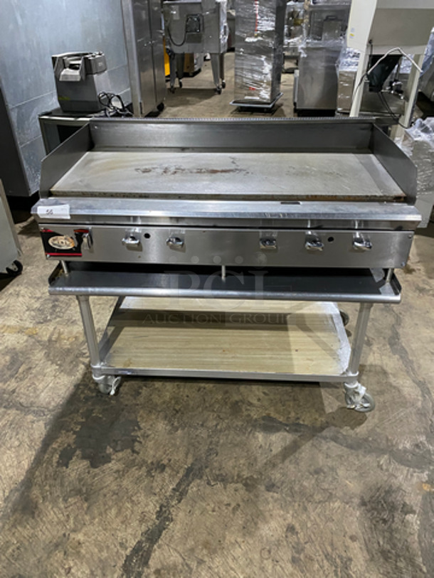 FAB! Commercial Countertop Natural Gas Powered Flat Top Griddle! With Back & Side Splashes! On Equipment Stand! With Underneath Storage Space! All Stainless Steel! On Casters!