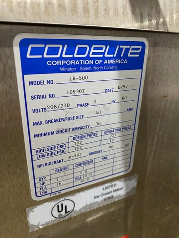Coldelite Commercial Gelato/ Ice Cream Batch Freezer Machine! All Stainless Steel! Model: LB500 SN: 109307 208/230V 60HZ 3 Phase - Image 5 of 11
