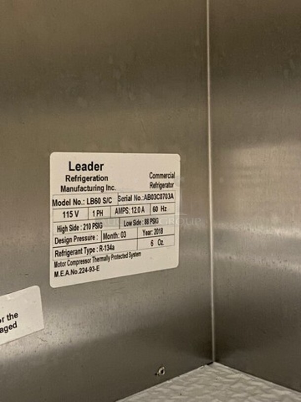 2018 Leader Commercial 2 Door Lowboy/ Worktop Cooler! All Stainless Steel! Model: LB60SC SN: AB03C0703A 115V 60HZ 1 Phase - Image 7 of 8
