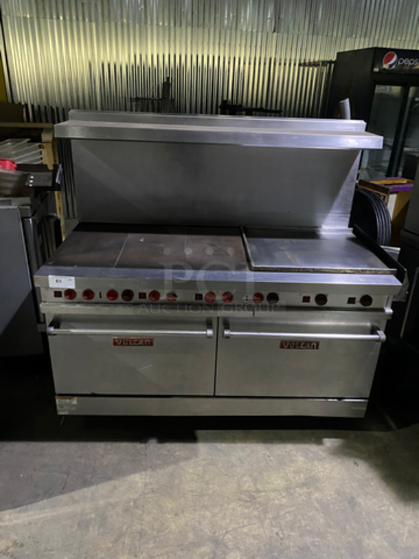 AN AMAZING FIND! Vulcan Commercial Natural Gas Powered 36 Inch French Top/24 Inch Flat Griddle Combo! With Backsplash & Overhead Salamander Shelf! With 2 Full Size Ovens Underneath! With Metal Oven Racks! All Stainless Steel! On Casters! Model: E60FL227 SN: 481550759 208/240V 1 Phase