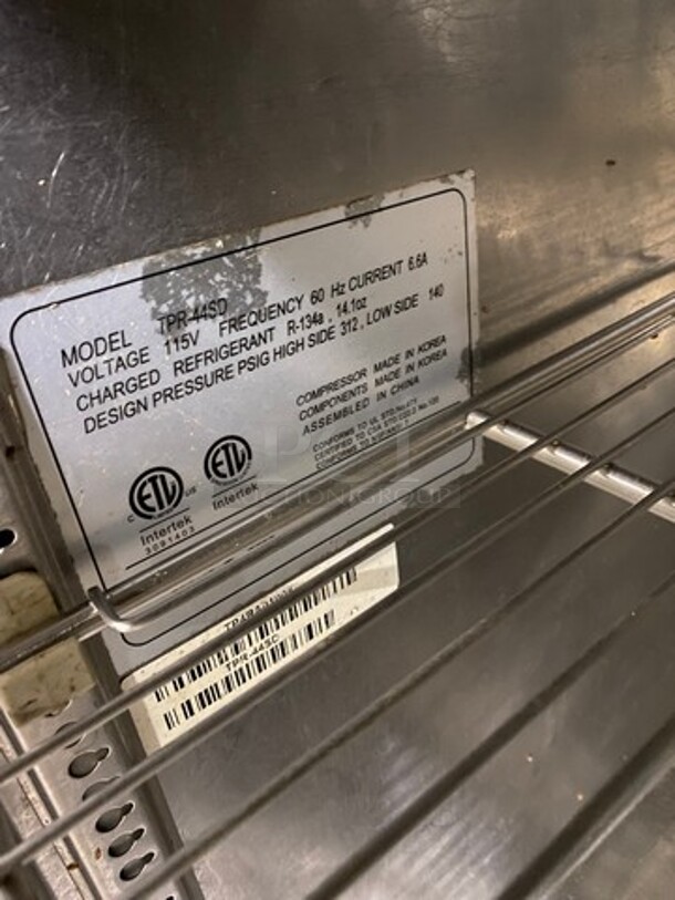 NICE! Turbo Air Commercial Refrigerated Pizza Prep Table! With Commercial Cutting Board! With Single Door Storage Space! Poly Coated Rack! All Stainless Steel! On Casters! Model: TPR44SD SN: TP4RA0100B 115V 60HZ 1 Phase - Image 7 of 10