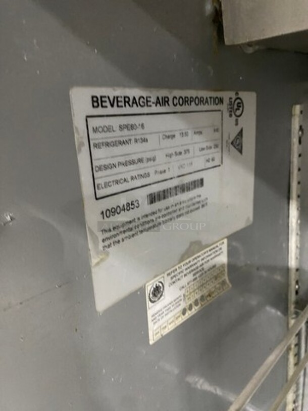 Beverage Air Commercial Refrigerated Mega Top Sandwich Prep Table! With 2 Door Storage Space Underneath! Poly Coated Racks! All Stainless Steel! On Casters! Model: SPE6016 SN: 10904853 115V 60HZ 1 Phase - Image 7 of 9