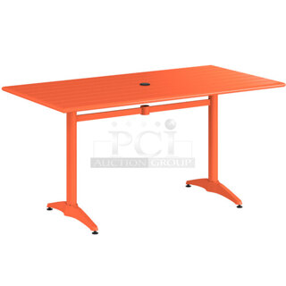 BRAND NEW SCRATCH AND DENT! Lancaster Table & Seating 427CAU3260OR 32" x 60" Orange Powder-Coated Aluminum Dining Height Outdoor Table with Umbrella Hole