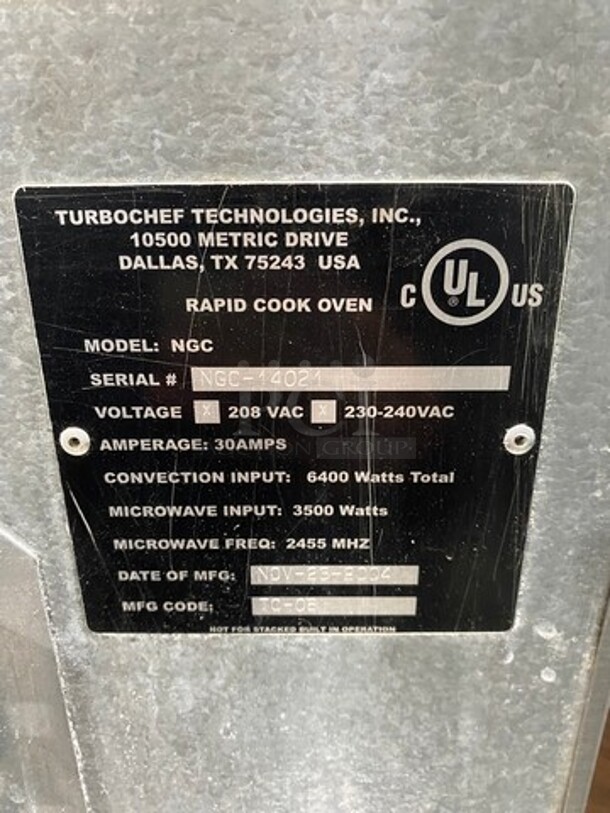 Turbo Chef Commercial Countertop Rapid Cook Oven/ Microwave Oven! All Stainless Steel! Model: NGC SN: NGC14021 208/230/240V - Image 8 of 9