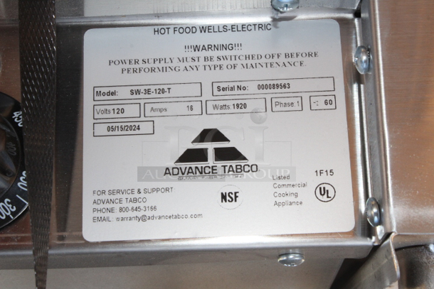 BRAND NEW SCRATCH & DENT! Advance Tabco SW-3E-120-T Three Pan Electric Hot Food Table with Thermostatic Control and Undershelf - Sealed Well, 120V Serial No: 000089563 - Image 5 of 5