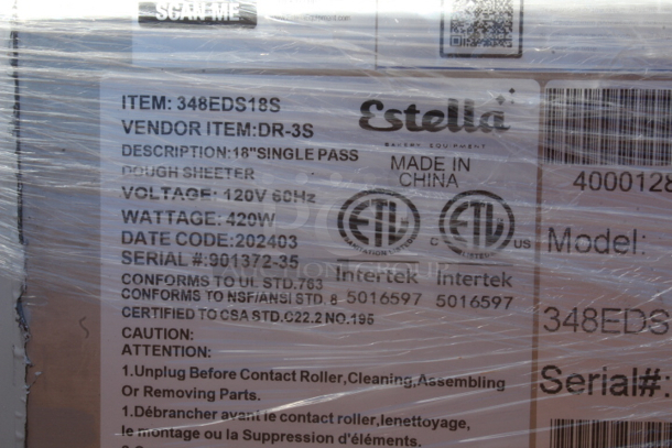 BRAND NEW WOOD CRATED! Estella EDS18S 18" Countertop One Stage Dough Sheeter - 120V, 1/2 HP. S/N: 901372-035 - Image 7 of 7