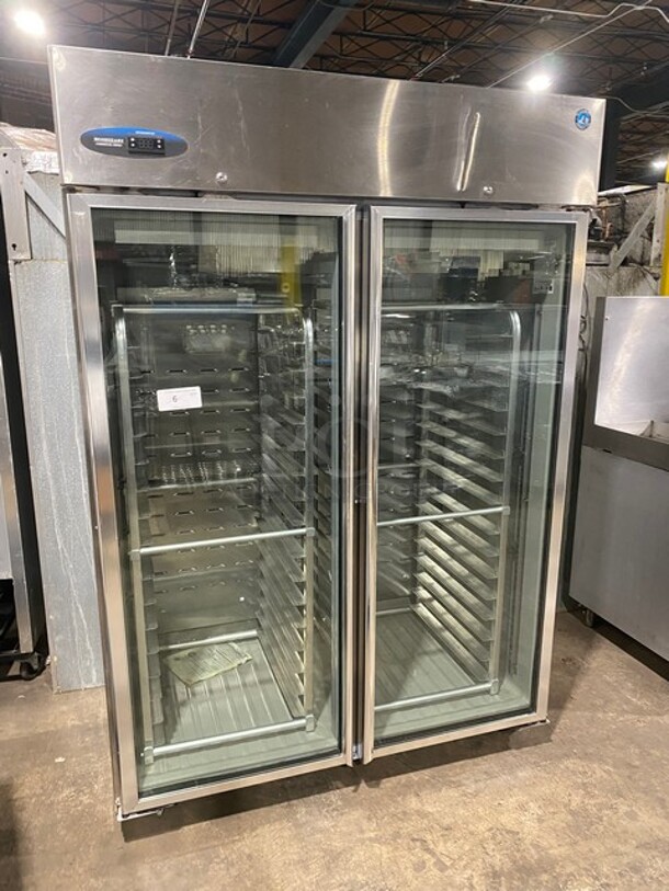 GREAT! Hoshizaki Commercial Double Glass Door Reach In Refrigerator! All Stainless Steel! With Built In Pan Racks! On Casters! 115V 1 Phase! Model: CR2B-FGY SN: E50251C!
 - Image 1 of 10