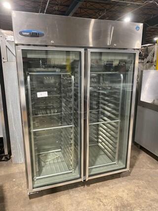 GREAT! Hoshizaki Commercial Double Glass Door Reach In Refrigerator! All Stainless Steel! With Built In Pan Racks! On Casters! 115V 1 Phase! Model: CR2B-FGY SN: E50251C!
