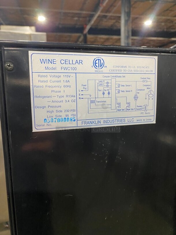 GREAT! Franklin Industries LLC Commercial 2 Door Refrigerated Wine Cellar Merchandiser! With Individual Temperature Programing! With View Through Doors! Model FWC100 Serial 0507000085! 115V 1Phase! WORKING WHEN REMOVED! - Image 8 of 9