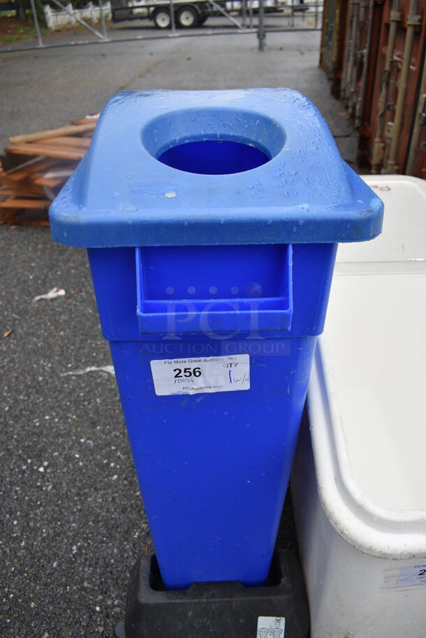 Blue Poly Slim Jim Trash Can on Trash Can Dolly. 11x20x30