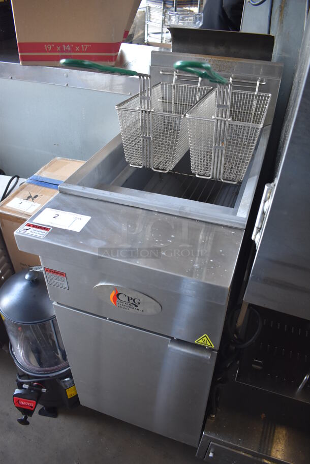 LIKE NEW! 2021 CPG 351FFOP40L Stainless Steel Commercial Floor Style Liquid Propane Gas Powered 40 Pound Deep Fat Fryer w/ 2 Metal Fry Baskets. 90,000 BTU. 16x32x45. Tested and Working! - Image 3 of 8