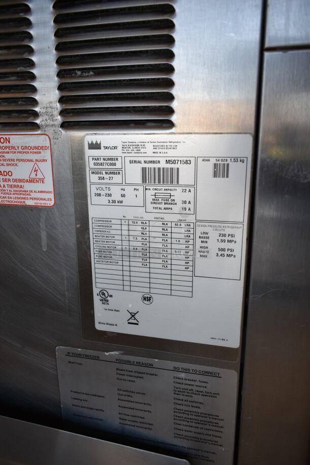 2015 Taylor 358-27 Stainless Steel Commercial Floor Style Air Cooled Single Flavor Soft Serve Ice Cream Machine on Commercial Casters. 208-230 Volts, 1 Phase. - Image 6 of 10