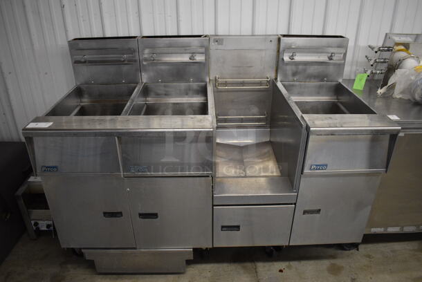 2011 Pitco Frialator Model SGH50 ENERGY STAR Stainless Steel Commercial Natural Gas Powered 3 Bay Deep Fat Fryer w/ Model SGBNBH50 Fry Basket Rack and Filtration System on Commercial Casters. 80,000 BTU. 63x31x47