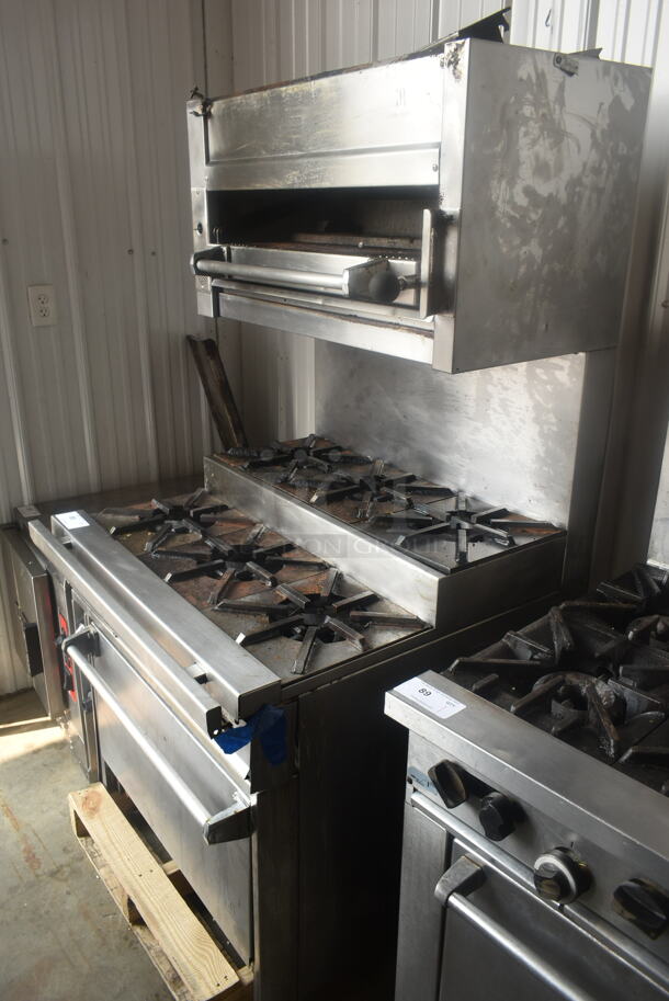 Jade Range Stainless Steel Commercial Natural Gas Powered 2 Tier 6 Burner Range w/ Oven, Salamander Cheese Melter and Back Splash. - Image 3 of 8