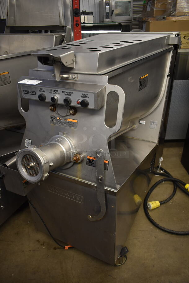 2015 Hobart MG2032 Stainless Steel Commercial Floor Style Meat Mixer Grinder on Commercial Casters. 208 Volts, 3 Phase. 