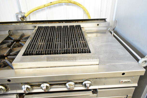 Jade Range Stainless Steel Commercial Gas Powered Flat Top Griddle w/ 2 Burner Range, Charbroiler Grill and 4 Drawer Chef Base on Commercial Casters. Cannot Test Chef Base - Appears To Have Been Hardwired - Image 5 of 12