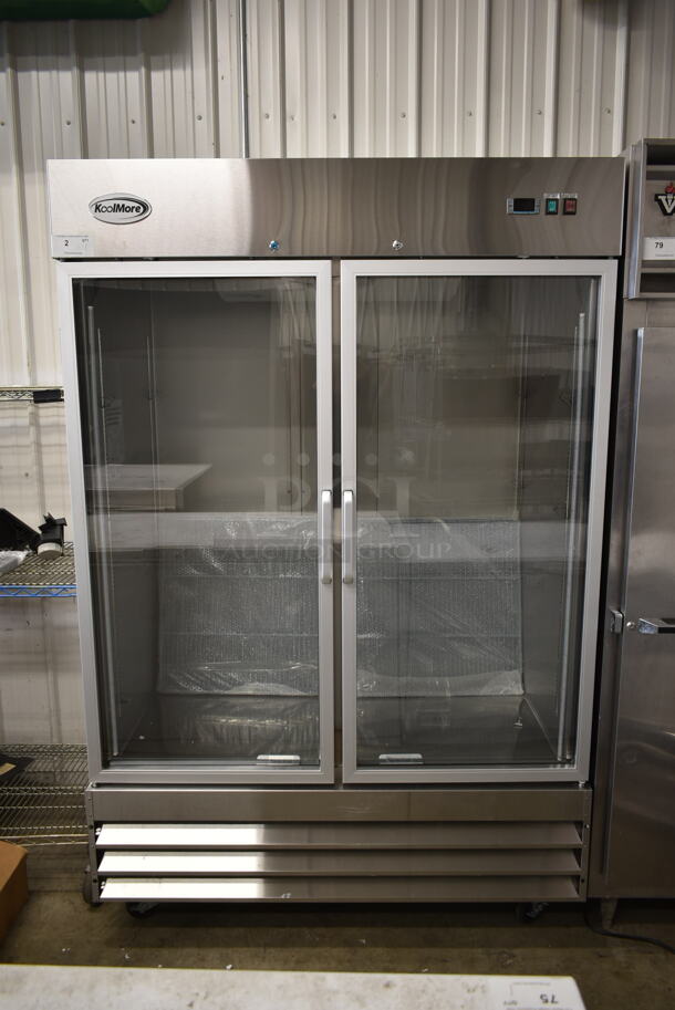 BRAND NEW SCRATCH AND DENT! 2023 KoolMore RIR-2D-GD Stainless Steel Commercial 2 Door Cooler Merchandiser w/ Poly Coated Racks on Commercial Casters. 115 Volts, 1 Phase. Tested and Working!