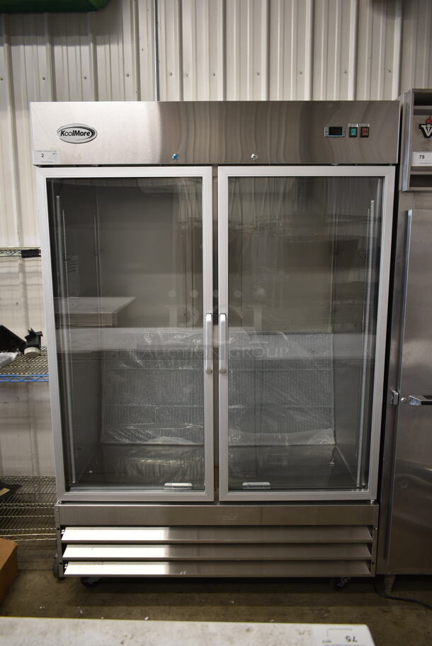 BRAND NEW SCRATCH AND DENT! 2023 KoolMore RIR-2D-GD Stainless Steel Commercial 2 Door Cooler Merchandiser w/ Poly Coated Racks on Commercial Casters. 115 Volts, 1 Phase. Tested and Working! - Image 1 of 9