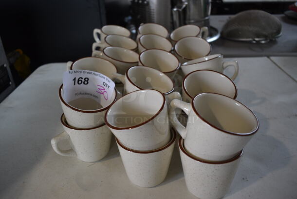 30 White Ceramic Mugs w/ Brown Rim. 4.5x3.5x3. 30 Times Your Bid!