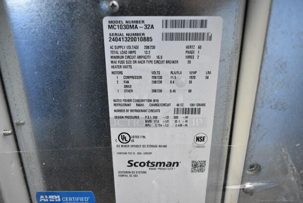 BRAND NEW SCRATCH AND DENT! 2024 Scotsman MC1030MA-32A Prodigy Elite Series 30" Medium Cube Ice Machine - 1077 lb., 208/230 Volts, 1 Phase.  - Image 3 of 6