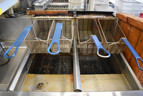 Imperial IFSCB250T Stainless Steel Commercial Natural Gas Powered 2 Bay Deep Fat Fryer w/ Left Side Dumping Station and 4 Metal Fry Baskets on Commercial Casters. 280,000 BTU. 46.5x33.5x51.5 - Image 3 of 12