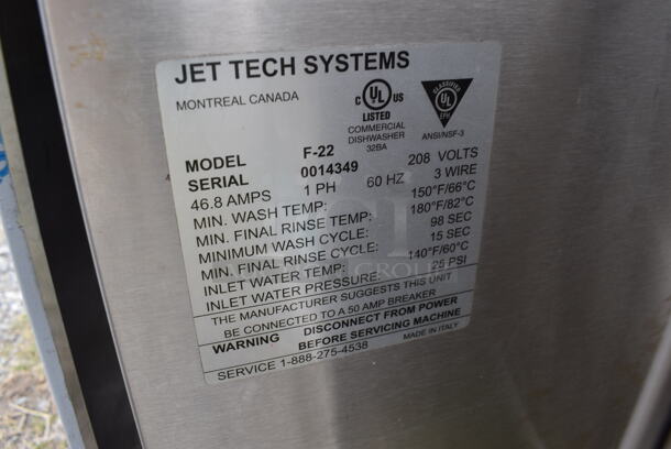 Jet Tech F-22 Stainless Steel Commercial Straight Pass Through Dishwasher. 208 Volts, 1 Phase. 41x35x62 - Image 6 of 6