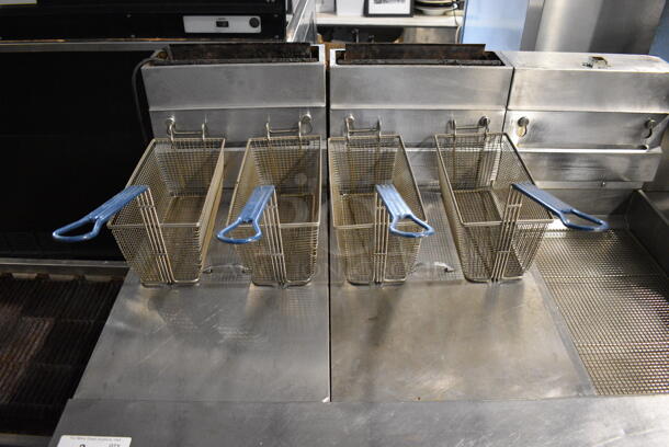 Pitco Frialator SG14-JS Stainless Steel Commercial Natural Gas Powered Floor Style 2 Bay Deep Fat Fryer w/ Right Side Pitco Frialator SGBNB14-0 Dumping Station, 4 Metal Fry Baskets and 2 Lids on Commercial Casters. 122,000 BTU. 47x35x46 - Image 12 of 12