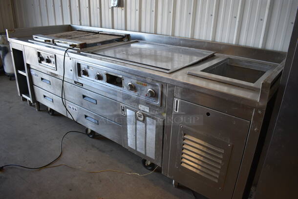 Wells Stainless Steel Commercial Work Station w/ Flat Top Griddle, Charbroiler, Well and Side Under Shelves. Does Not Come w/ Delfield 4 Drawer Chef Base: Goes GREAT w/ Item 246! 115 Volts, 1 Phase Refrigeration. 208-240 Volt, 3 Phase Heating. 114x36x34 - Image 10 of 10