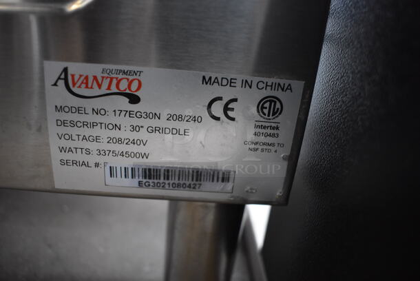 BRAND NEW SCRATCH AND DENT! Avantco 177EG30N Stainless Steel Commercial Countertop 30" Electric Powered Flat Top Griddle. 208/240 Volts. 30x20x13. Tested and Working! - Image 6 of 8