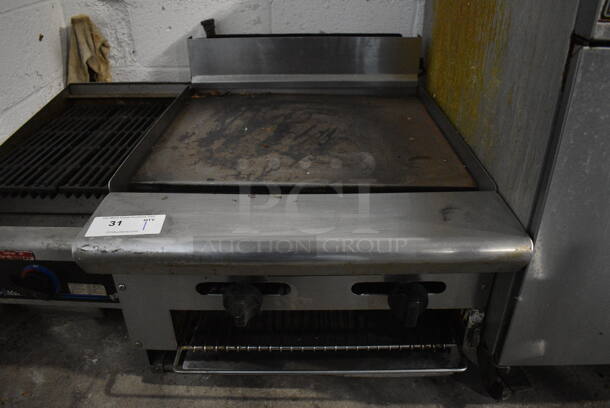 American Range Stainless Steel Commercial Countertop Natural Gas Powered Flat Top Griddle w/ Cheese Melter. 24x32x21