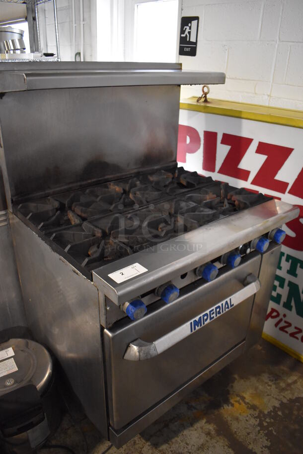 Imperial Stainless Steel Commercial Natural Gas Powered 6 Burner Range w/ Convection Oven, Over Shelf and Back Splash on Commercial Casters. 36x33x57 - Image 4 of 6