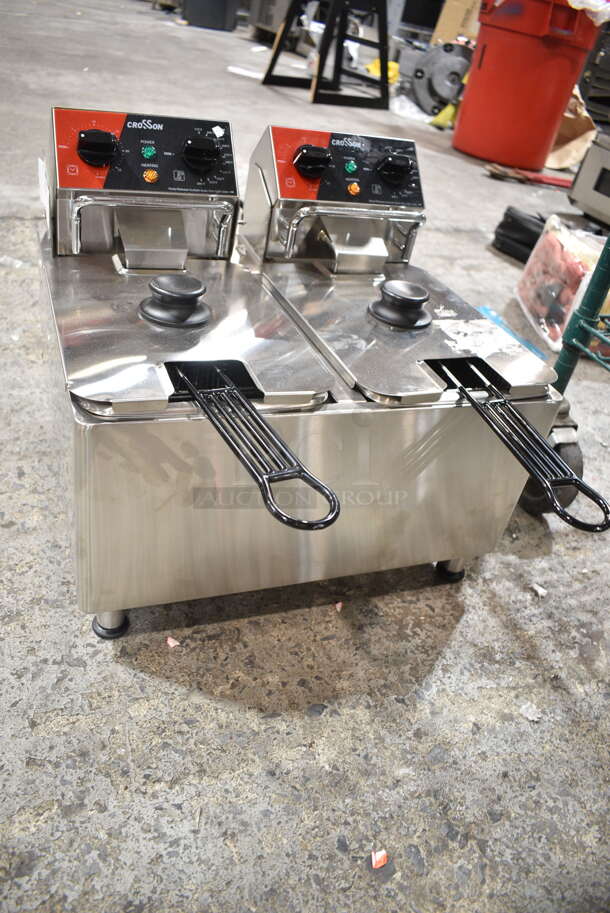 2023 Crosson CF-20 Stainless Steel Commercial Countertop Electric Powered 2 Bay Fryer w/ 2 Metal Fry Baskets and 2 Lids. 120 Volts, 1 Phase. - Image 3 of 6