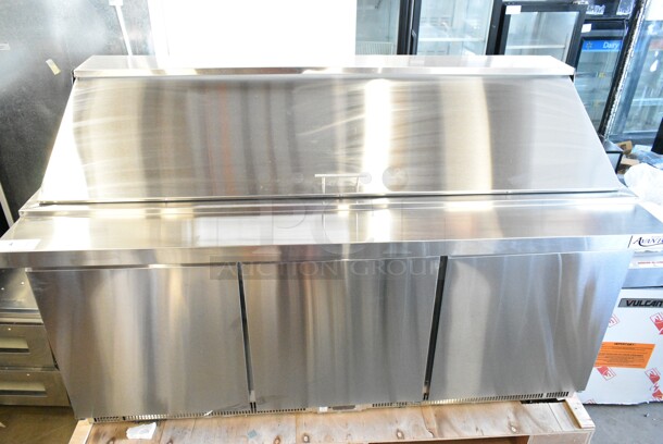BRAND NEW SCRATCH AND DENT! 2023 Avantco 178ZPT71MHC Stainless Steel Commercial 71" 3 Door Front Breathing Mega Top Refrigerated Sandwich Prep Table. 115 Volts, 1 Phase. Tested and Working! - Image 2 of 11