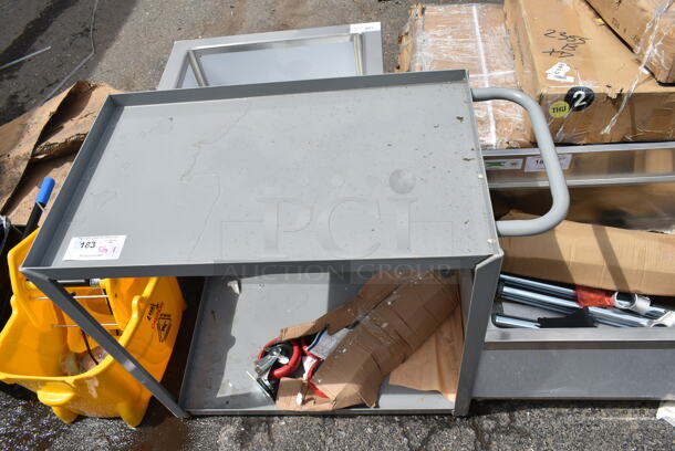 BRAND NEW SCRATCH AND DENT! Gray Metal 2 Tier Cart w/ Commercial Casters.  - Image 2 of 3